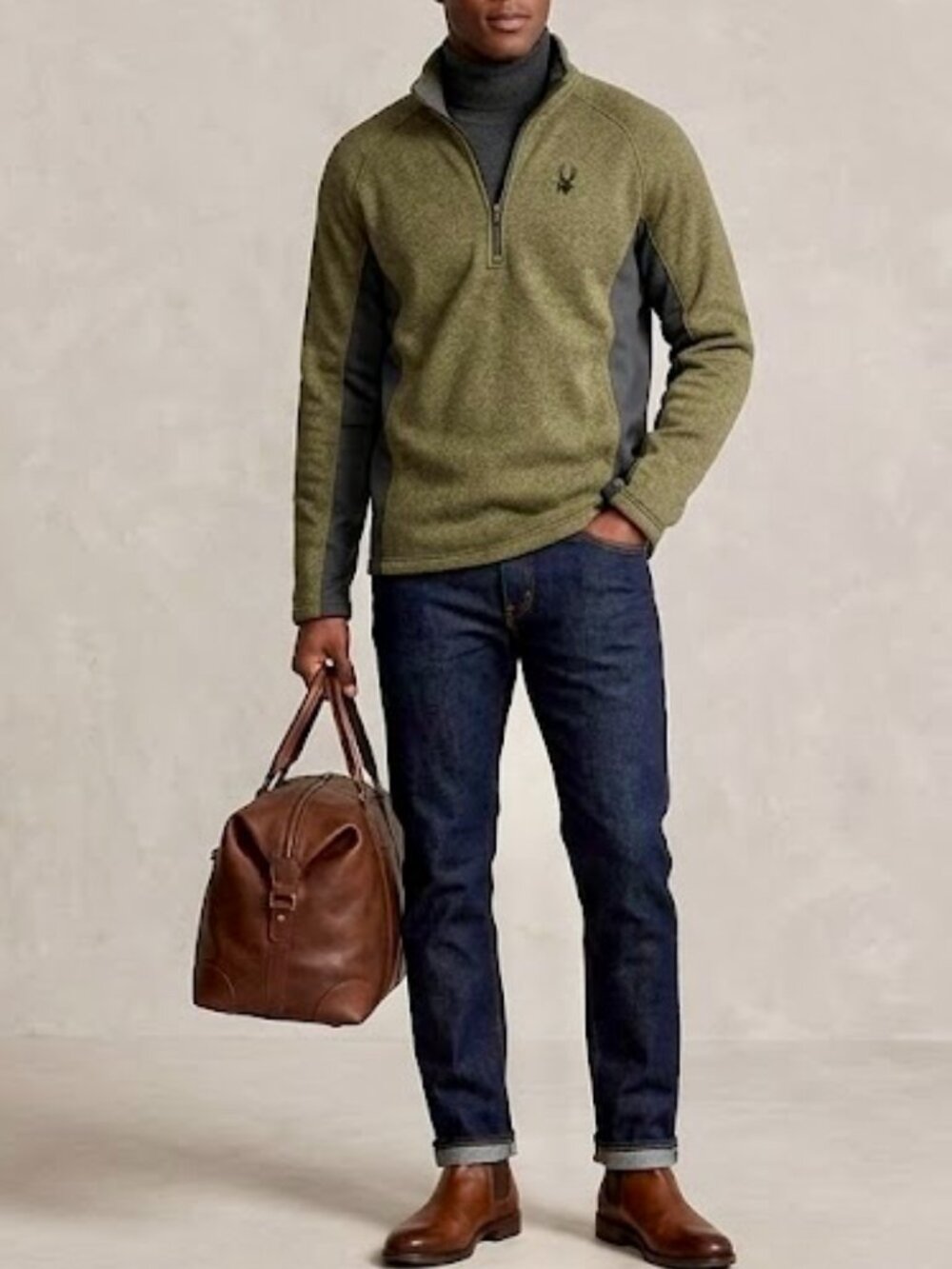 Spyder Men's Constant Half Zip Sweater Fleece Pullover Large Olive Green Web